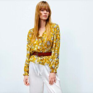 Zara Ruffle Trim Silky Yellow Gray Floral Pattern Button Floral Blouse Top, Size